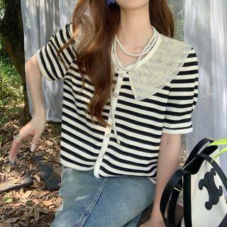 Puff-sleeve Lace Collar Button-up Striped Top Off-white - One Size