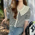 Puff-sleeve Lace Collar Button-up Striped Top Off-white - One Size