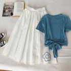 Flower Embroidered High-waist Lace-up A-line Skirt White - One Size