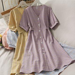 Plaid Tie-back Short-sleeve V-neck Shirtdress In 5 Colors