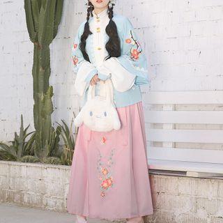 Hanfu Set Of 3 : Embroidered Square-neck Elbow-sleeve Cropped Coat + Long-sleeve Top + Embroidered Semi-body Maxi Skirt