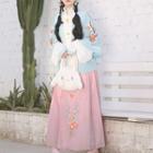 Hanfu Set Of 3 : Embroidered Square-neck Elbow-sleeve Cropped Coat + Long-sleeve Top + Embroidered Semi-body Maxi Skirt