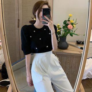 Puff-sleeve Top / High-waist Wide-leg Dress Pants
