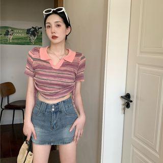 V-neck Striped Lace-up Cropped Top