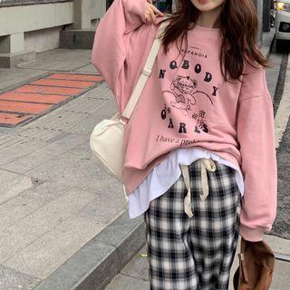 Graphic Print Sweatshirt / Plaid Wide Leg Pants