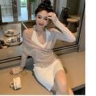 Long-sleeve Off-shoulder T-shirt / Halter-neck Mini Sheath Dress
