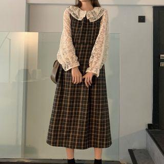Sleeveless Plaid Midi Dress / Lace Blouse