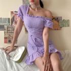 Puff-sleeve Checked Lace-up A-line Mini Dress