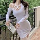Long-sleeve Cut-out Mini Sheath Dress White - One Size