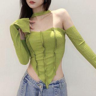 Choker-neck Off-shoulder Paneled T-shirt