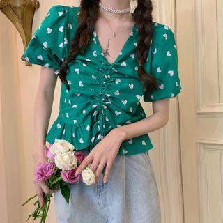 Puff-sleeve Heart Print Drawstring Blouse