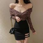 Long-sleeve Leopard Print T-shirt / Cut Out Mini Bodycon Skirt
