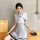 Set: Short-sleeve Knitted Polo Shirt + Striped A-line Skirt