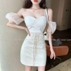 Off-shoulder Lace Panel Lace-up Mini Bodycon Dress
