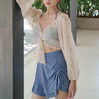 Set: Bikini Top + Drawstring Swim Skirt + Light Jacket