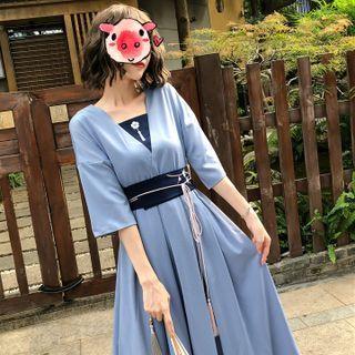 Elbow-sleeve Tassel Midi A-line Dress