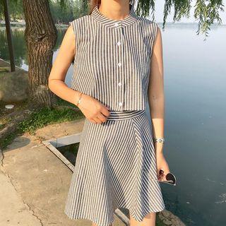 Set: Sleeveless Pinstriped Shirt + A-line Skirt