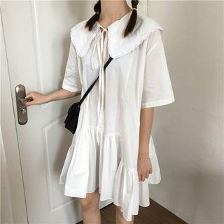 Elbow-sleeve Lace Trim Wide Collar Mini Dress White - One Size