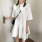 Elbow-sleeve Lace Trim Wide Collar Mini Dress White - One Size