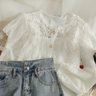 Lace-panel Crew-neck Loose Shirt White - One Size