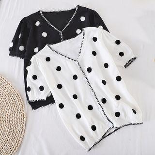 V-neck Dots Short-sleeve Knit Top