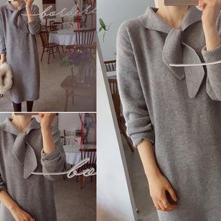 Tie-neck Wool Blend Knit Dress
