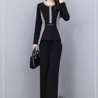Set: Plaid Panel Blouse + Wide-leg Pants