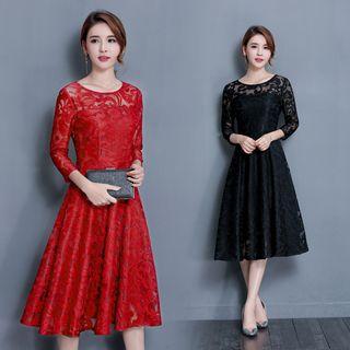 Long Sleeve Tie-waist Crewneck Plain Panel Lace Long Dress