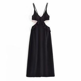 Spaghetti Strap Lace Trim Cutout Midi A-line Dress