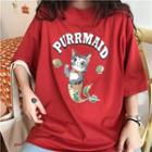 Elbow-sleeve Cat Mermaid Print T-shirt
