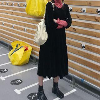 Turtleneck Long-sleeve Top / Elbow-sleeve Midi Velvet Dress