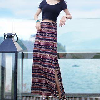 Short-sleeve Crop T-shirt / Crop Camisole Top / Print Maxi Skirt