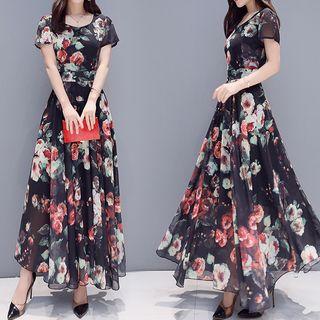 Short-sleeve Maxi Floral Chiffon Dress