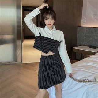Set: Long-sleeve Paneled Shirt + Striped Mini A-line Skirt