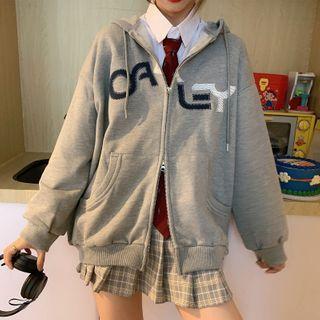 Lettering Embroidered Zip Hooded Sweatshirt