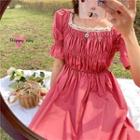 Plain Square-neck Lace-trim Puff-sleeve Dress