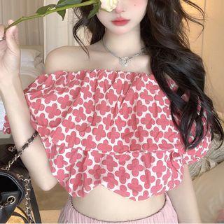 Off-shoulder Puff-sleeve Printed Cropped Top