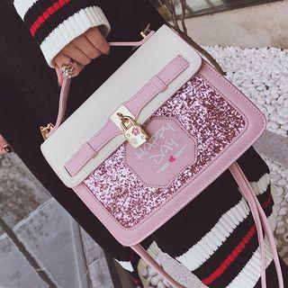 Sequined Faux Leather Panel Handbag