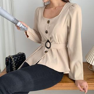 Square-neck A-line Blouse With Sash