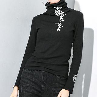 Turtleneck Long-sleeve Lettering Top Black - One Size
