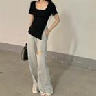 Short-sleeve Square-neck Slit T-shirt / Distressed Wide Leg Pants