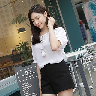 Tassel-neck Puff-sleeve Chiffon Top