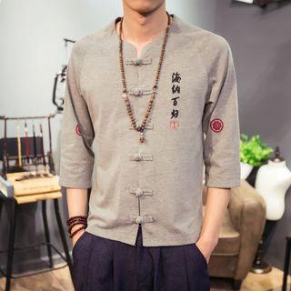 3/4-sleeve Frog-button Embroidery Top