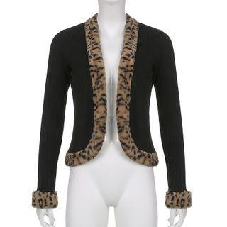 Leopard Print Trim Ribbed Cardigan
