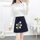 Ruffled Knit Top / Flower Embroidered A-line Mini Skirt / Set
