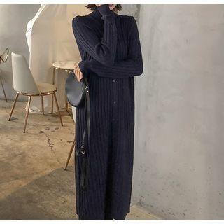 Buttoned Mock Neck Rib Knit Dress