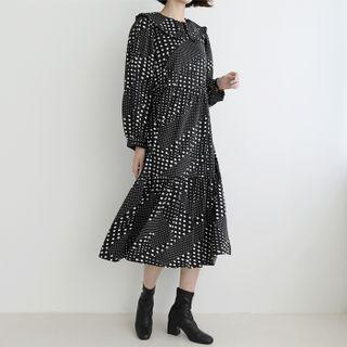 Wide-collar Frilled Midi Dotted Dress