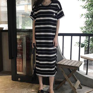 Striped Short-sleeve Midi T-shirt Dress Stripe - Black & White - One Size