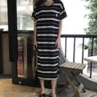 Striped Short-sleeve Midi T-shirt Dress Stripe - Black & White - One Size