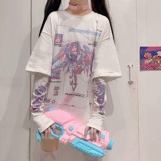 Set: Elbow-sleeve Graphic Print T-shirt + Arm Sleeves